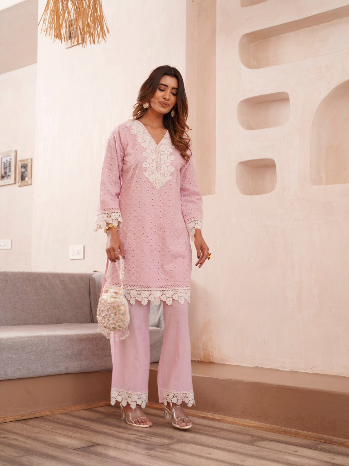 Subarna Softpink Cotton Shchiffli Co-ord Set