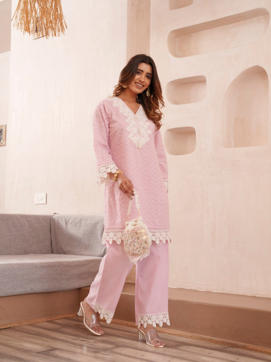 Subarna Softpink Cotton Shchiffli Co-ord Set