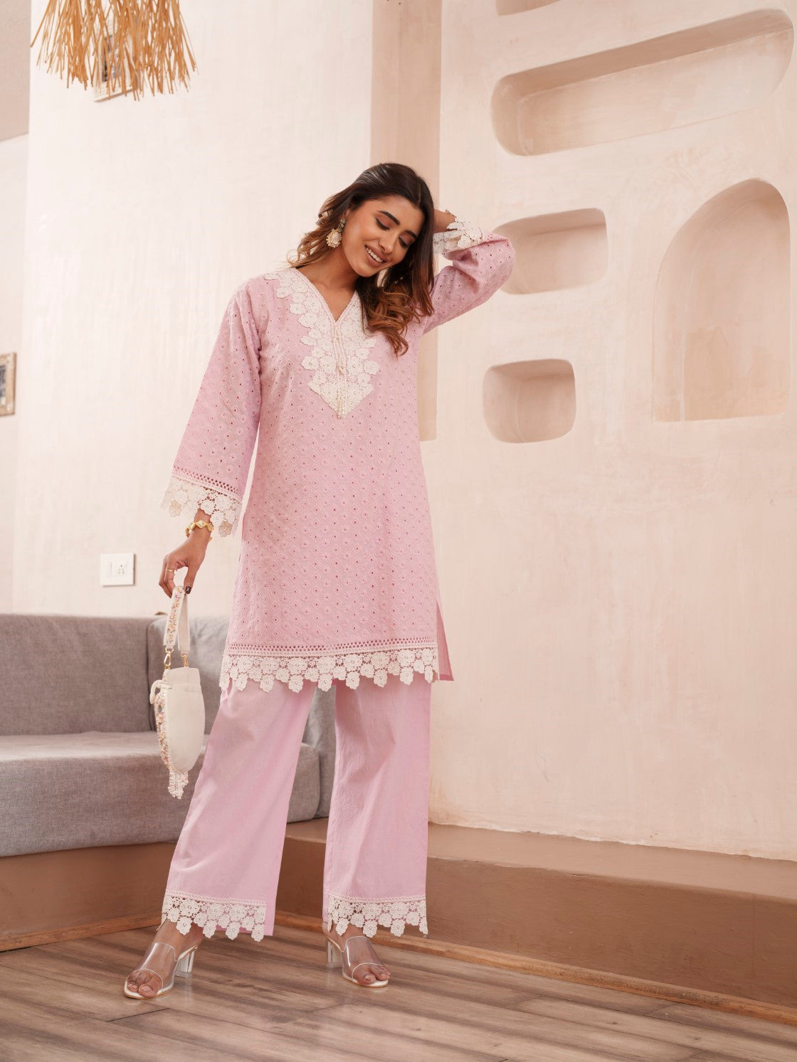 Subarna Softpink Cotton Shchiffli Co-ord Set
