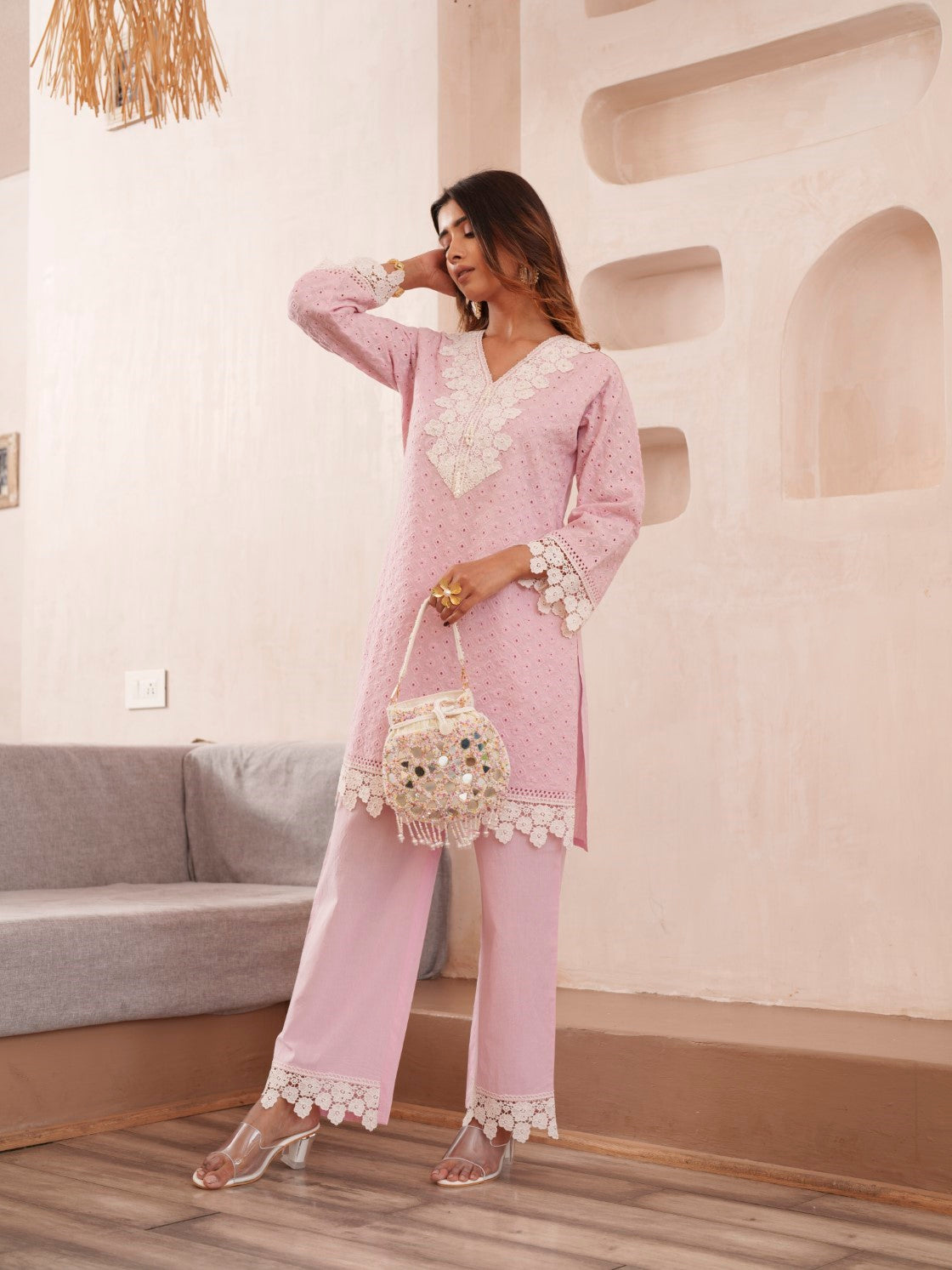 Subarna Softpink Cotton Shchiffli Co-ord Set