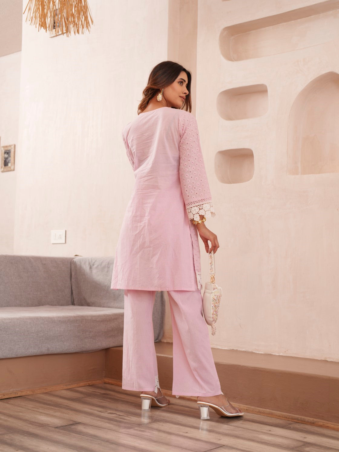 Subarna Softpink Cotton Shchiffli Co-ord Set