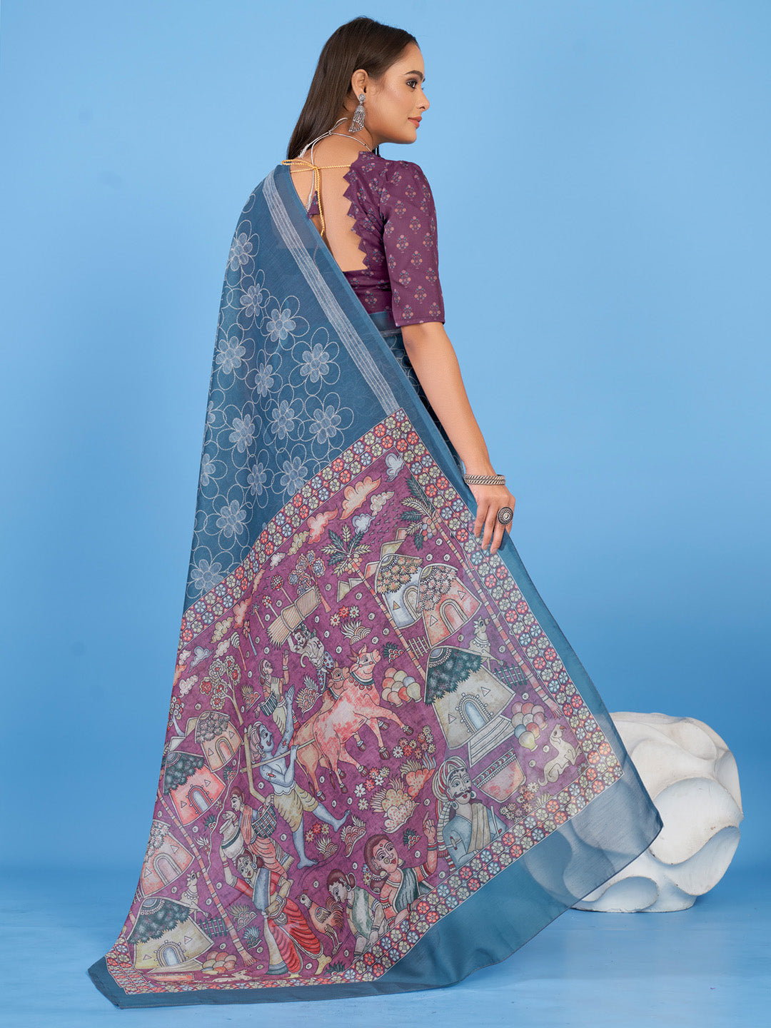 Linen Blend Teal blue Printed Designer Saree With Blouse