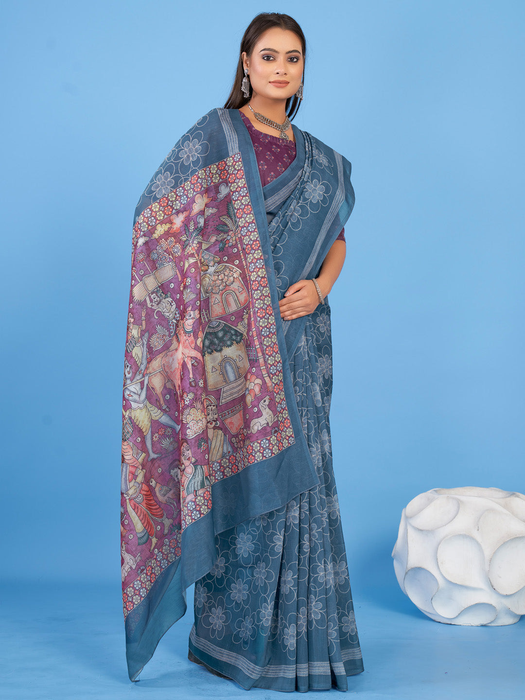 Linen Blend Teal blue Printed Designer Saree With Blouse