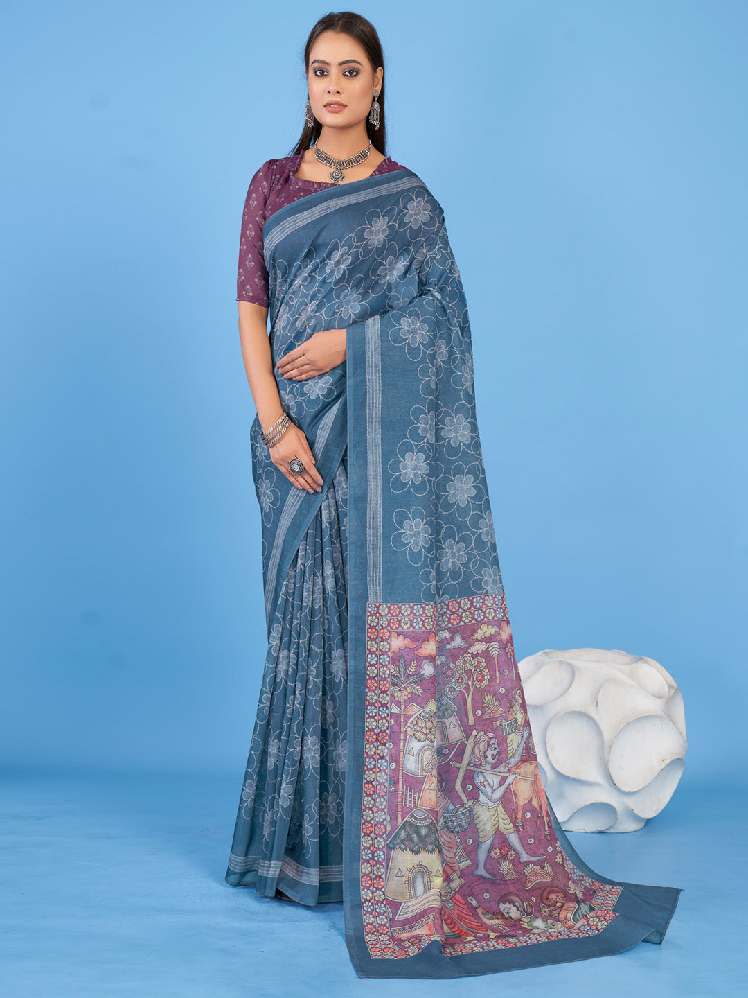Linen Blend Teal blue Printed Designer Saree With Blouse