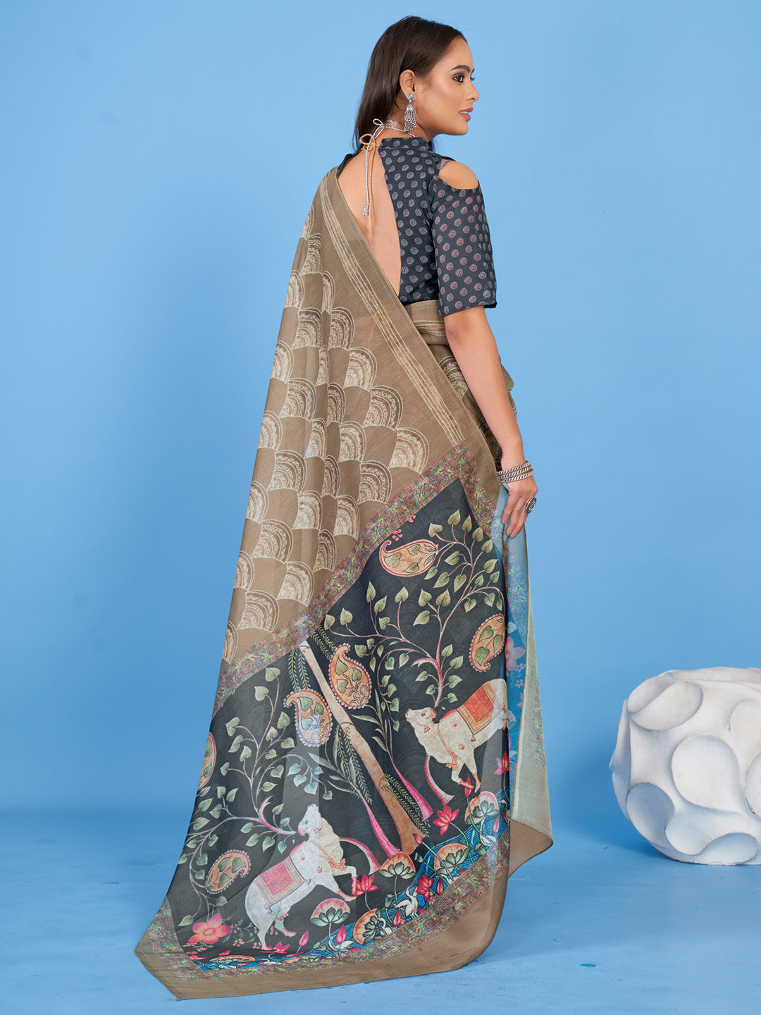 Linen Blend Beige Printed Designer Saree With Blouse