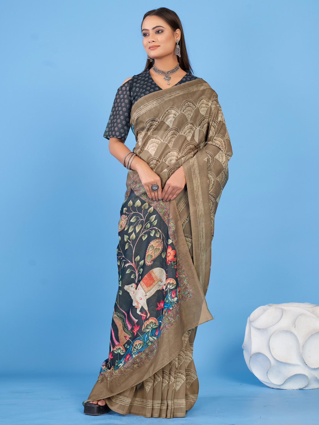 Linen Blend Beige Printed Designer Saree With Blouse