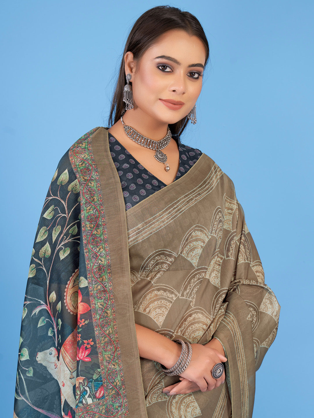 Linen Blend Beige Printed Designer Saree With Blouse