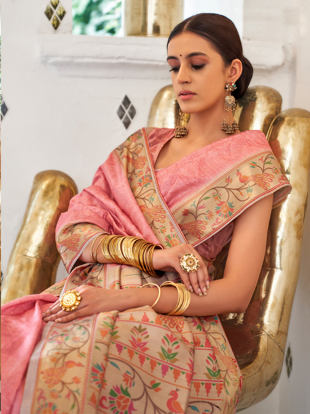 Silk Blend Pink Printed Celebrity Saree With Blouse