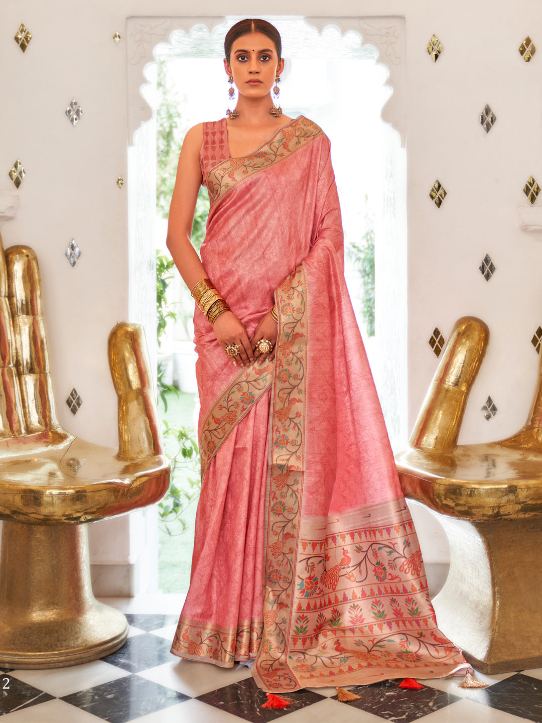 Silk Blend Pink Printed Celebrity Saree With Blouse