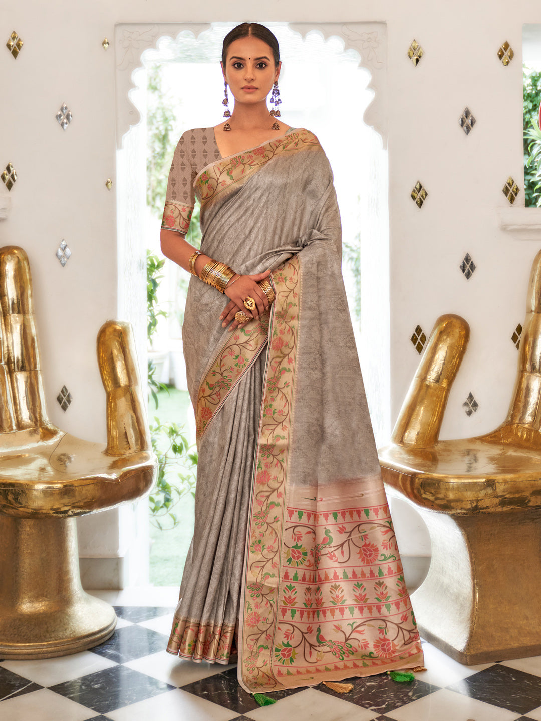 Silk Blend Charcoal Grey Printed Celebrity Saree With Blouse