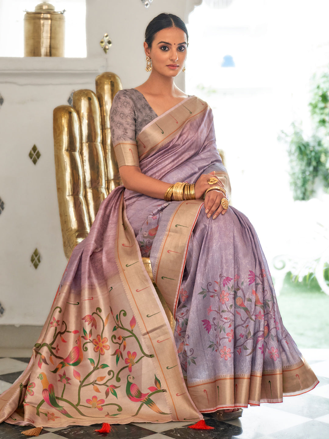 Silk Blend Lavendar Printed Celebrity Saree With Blouse