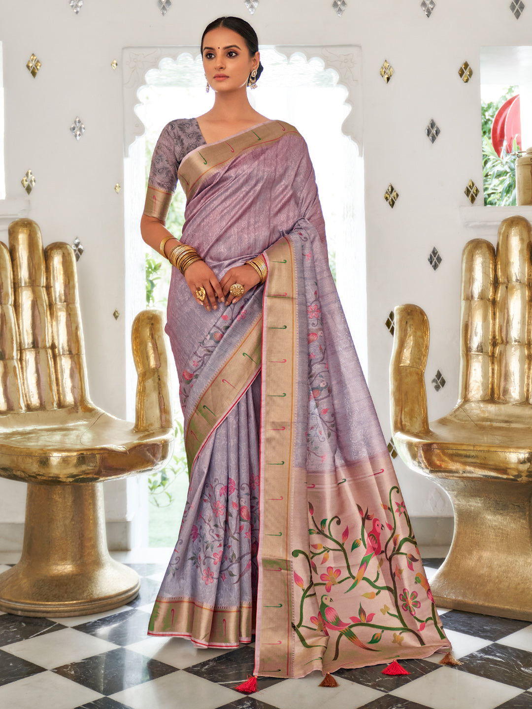 Silk Blend Lavendar Printed Celebrity Saree With Blouse