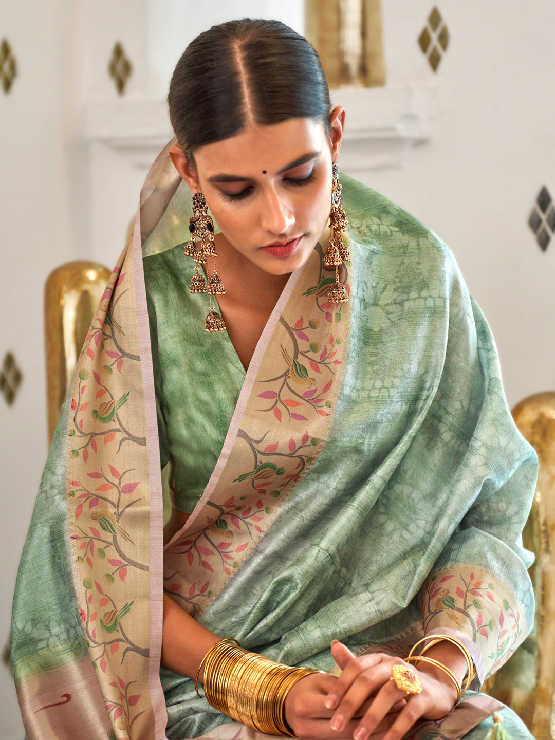 Silk Blend Sea Green Printed Celebrity Saree With Blouse