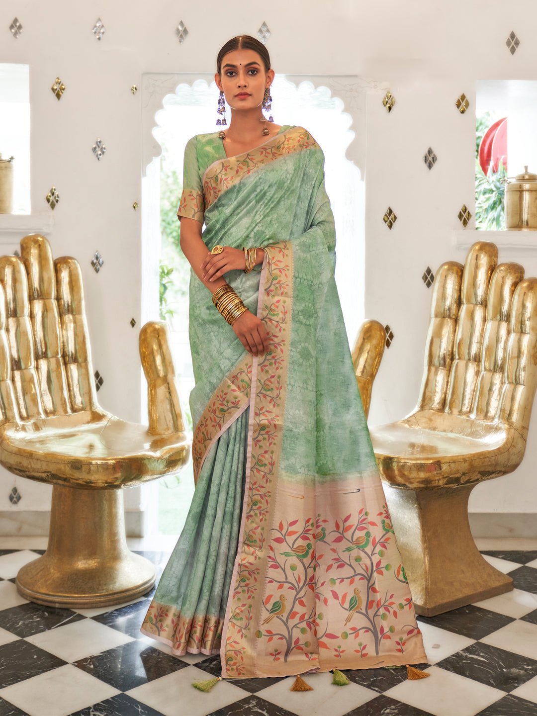 Silk Blend Sea Green Printed Celebrity Saree With Blouse