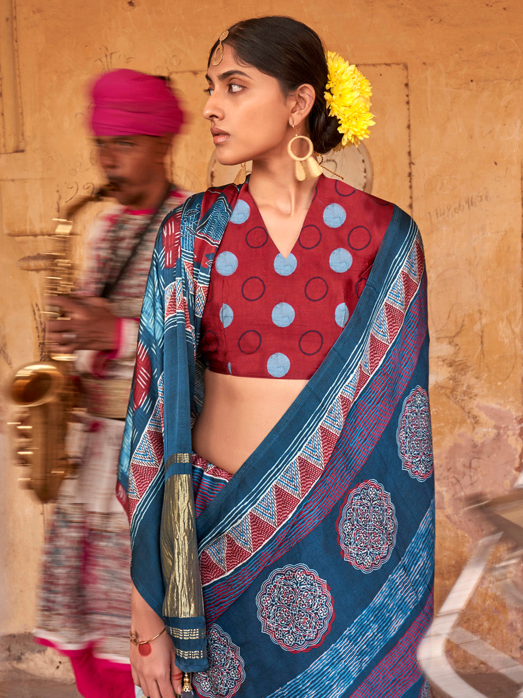 Viscose Silk Teal blue Printed Designer Saree With Blouse