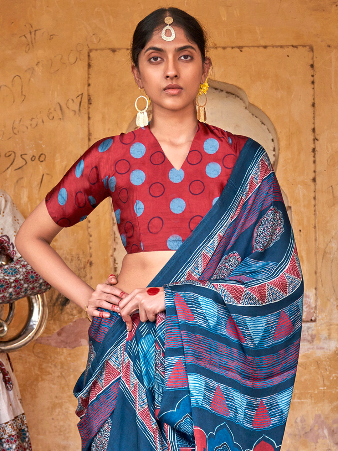 Viscose Silk Teal blue Printed Designer Saree With Blouse