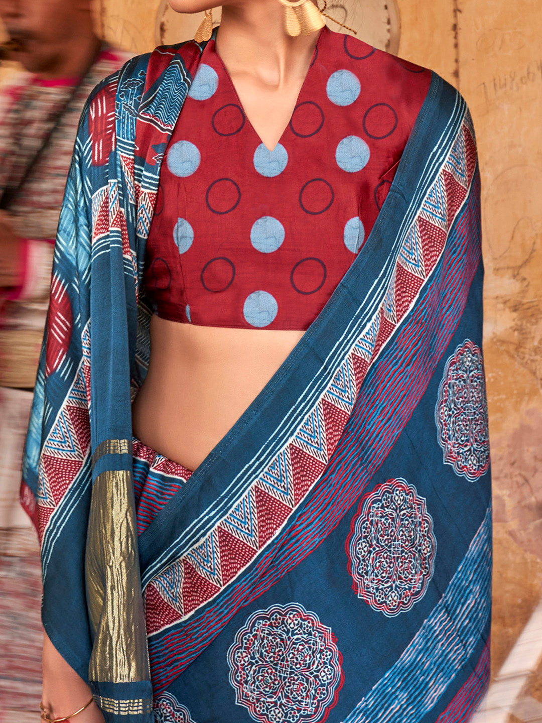 Viscose Silk Teal blue Printed Designer Saree With Blouse