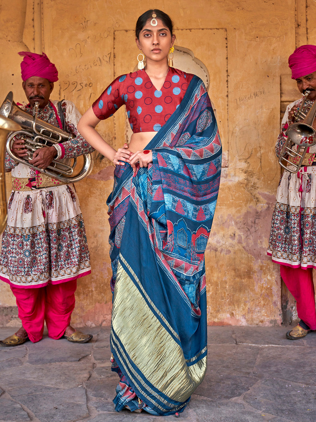 Viscose Silk Teal blue Printed Designer Saree With Blouse