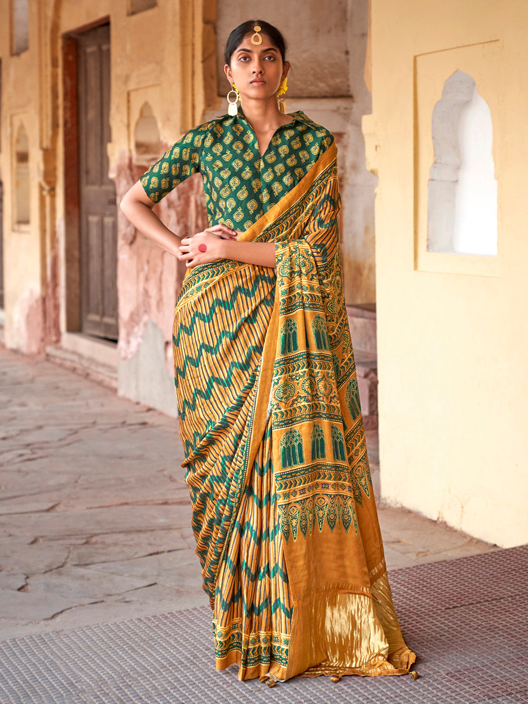 Viscose Silk Mustard Printed Designer Saree With Blouse