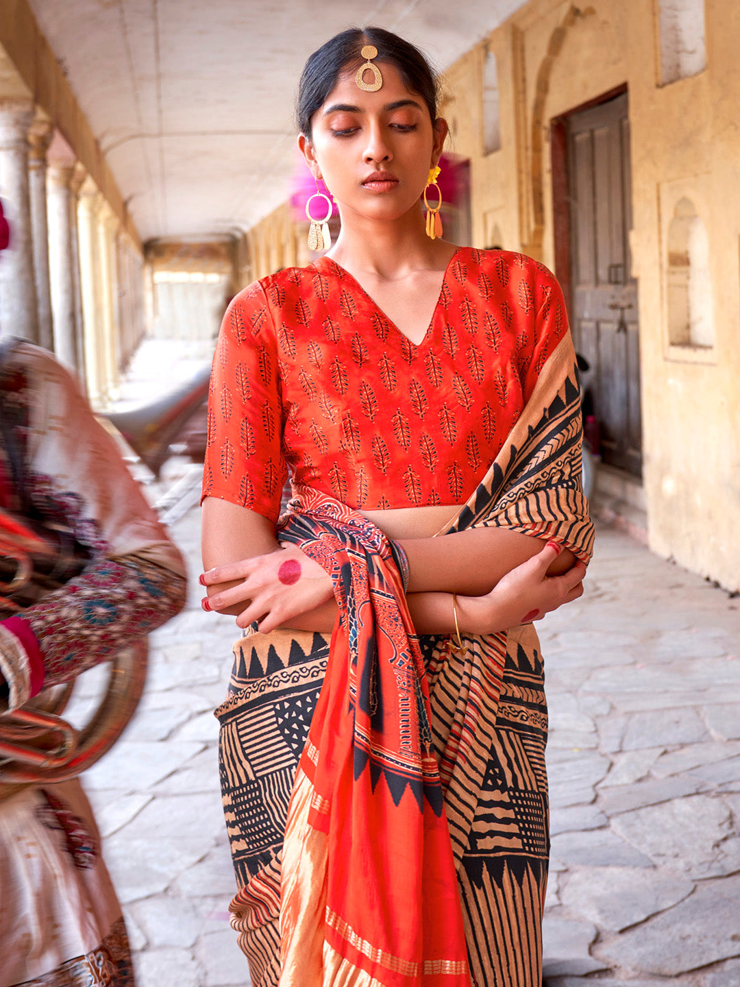 Viscose Silk Beige Printed Designer Saree With Blouse