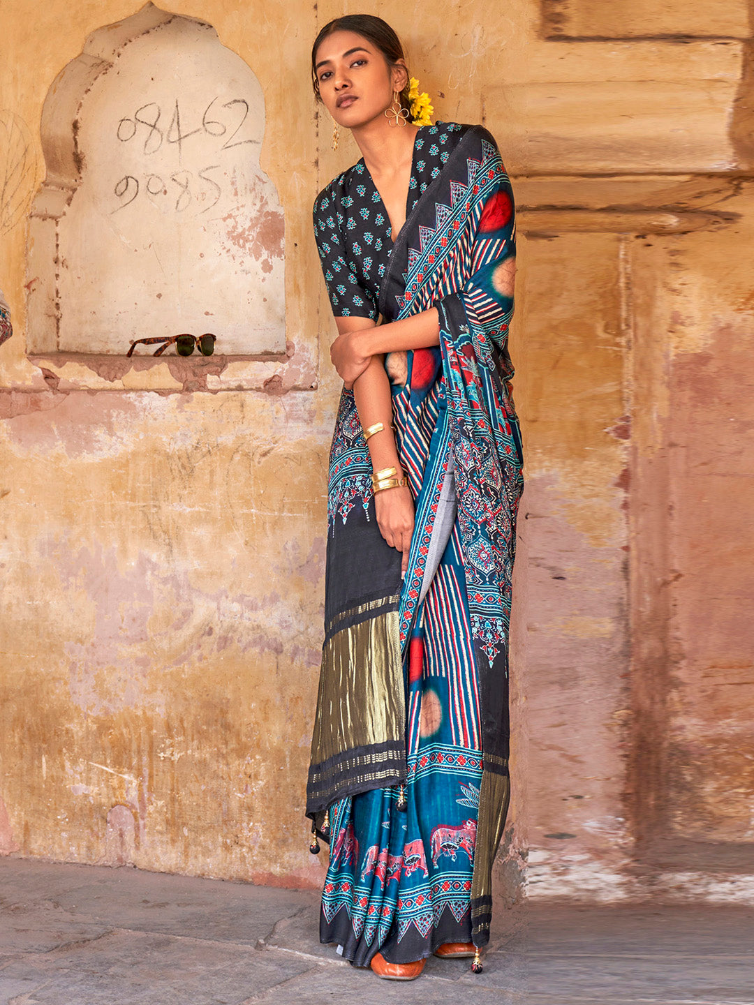 Viscose Silk Navy Blue Printed Designer Saree With Blouse