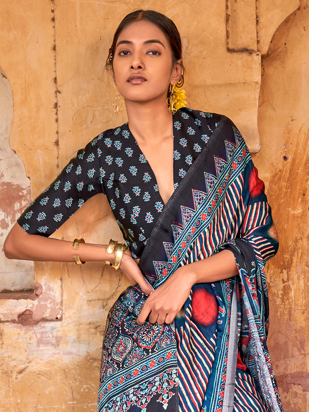 Viscose Silk Navy Blue Printed Designer Saree With Blouse