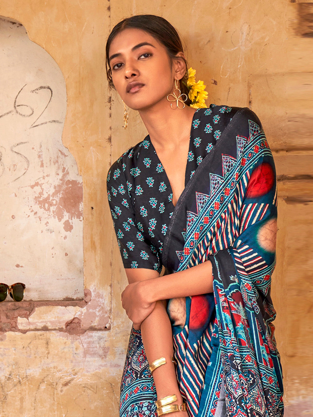 Viscose Silk Navy Blue Printed Designer Saree With Blouse
