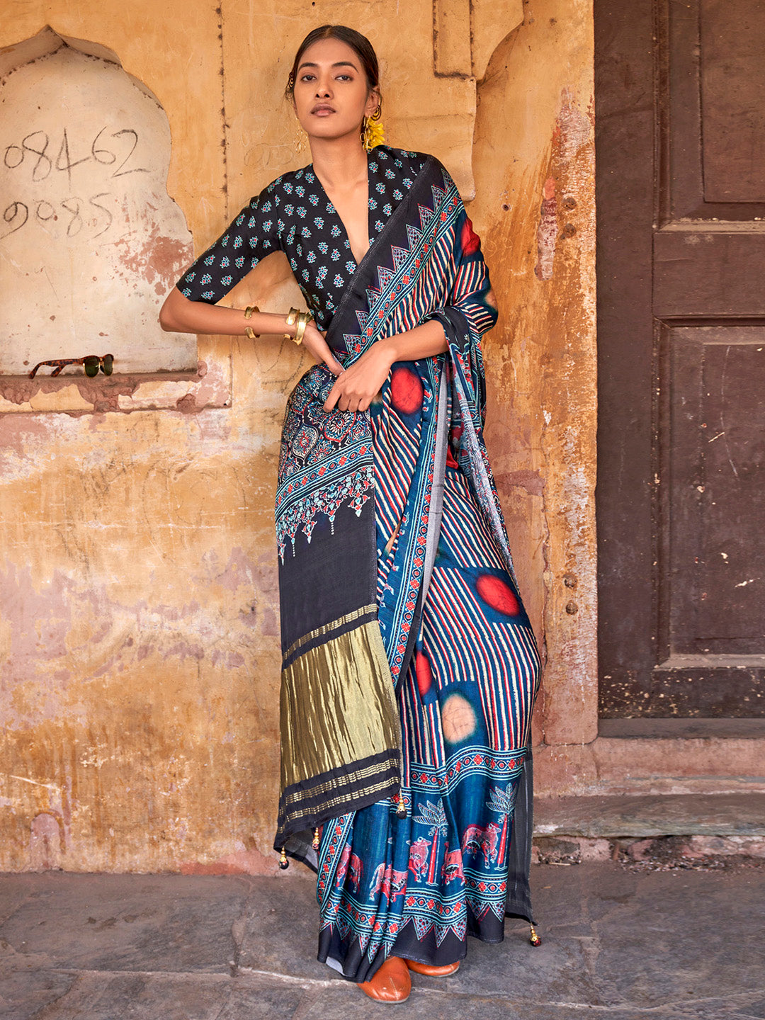 Viscose Silk Navy Blue Printed Designer Saree With Blouse