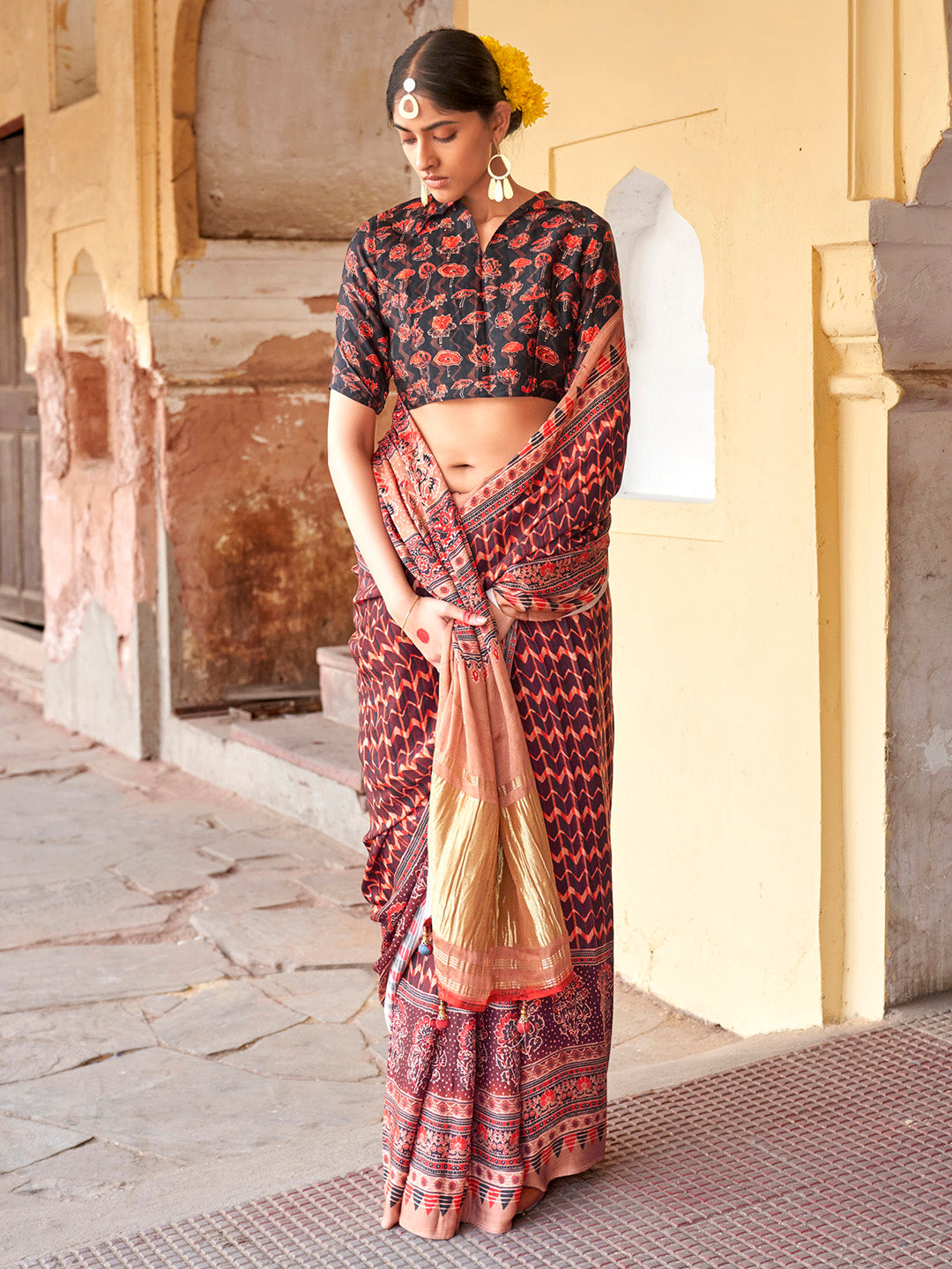 Viscose Silk Brown Printed Designer Saree With Blouse