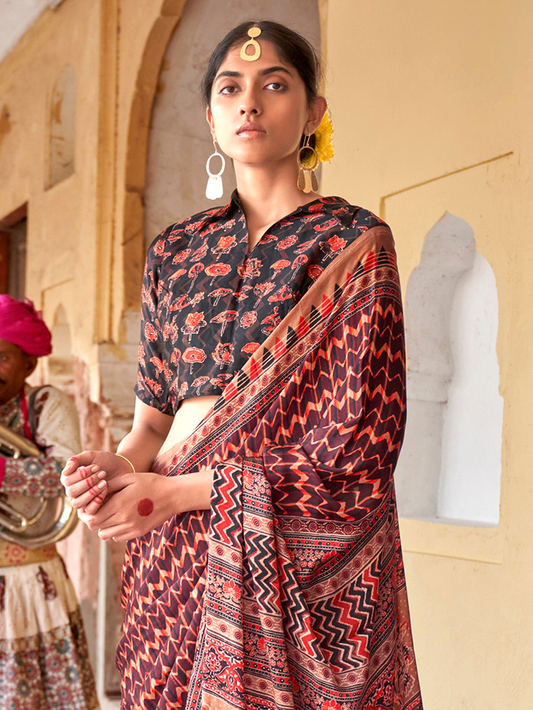 Viscose Silk Brown Printed Designer Saree With Blouse