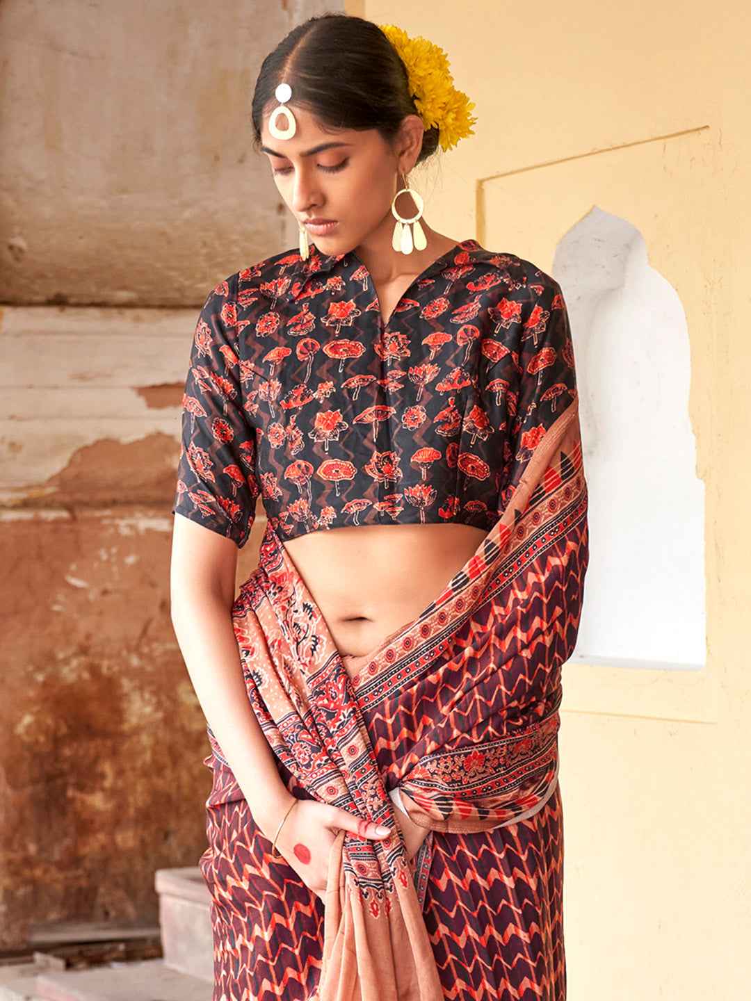 Viscose Silk Brown Printed Designer Saree With Blouse