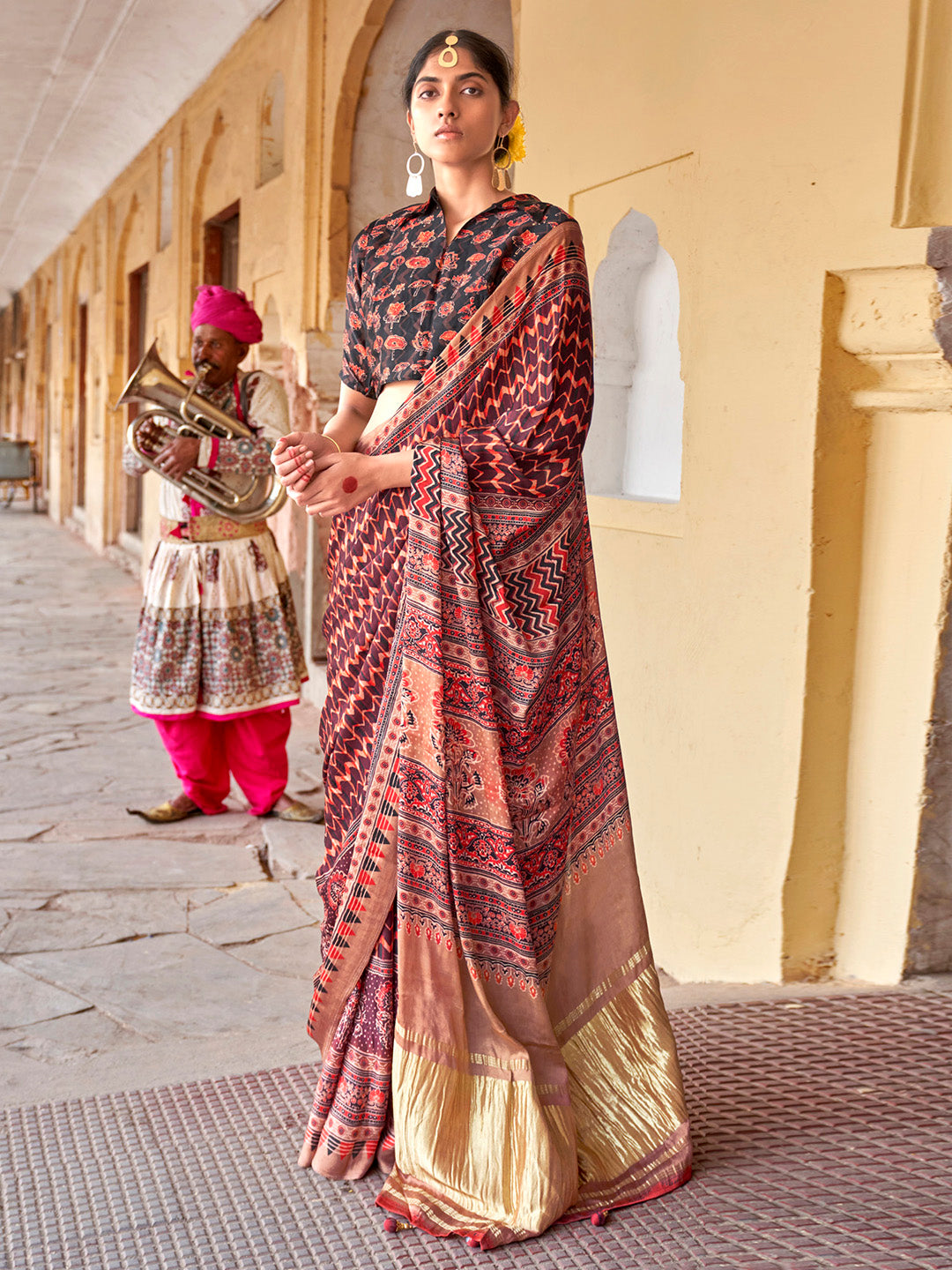 Viscose Silk Brown Printed Designer Saree With Blouse