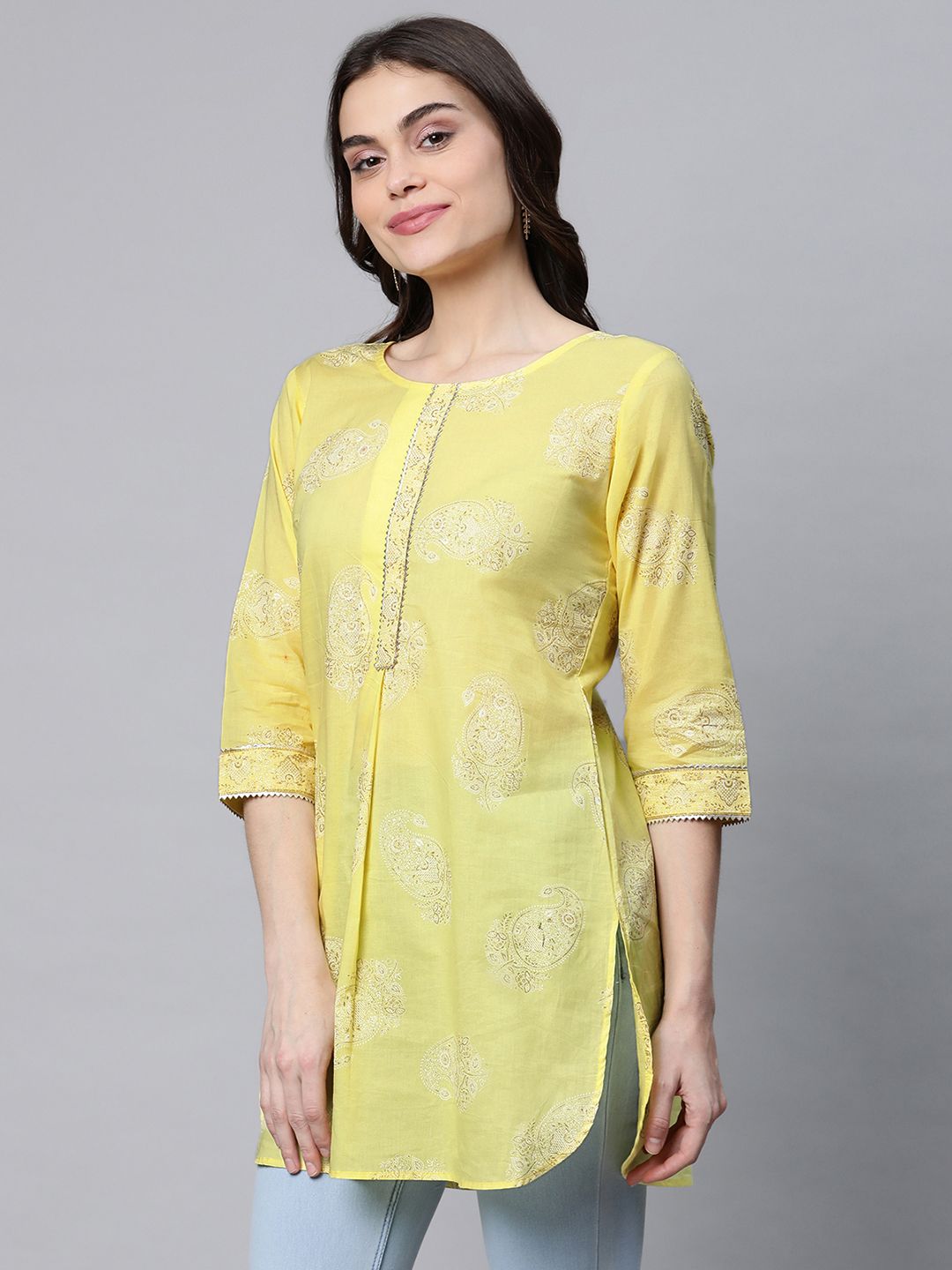 Yellow Pure Cotton Glitter Print Tunic