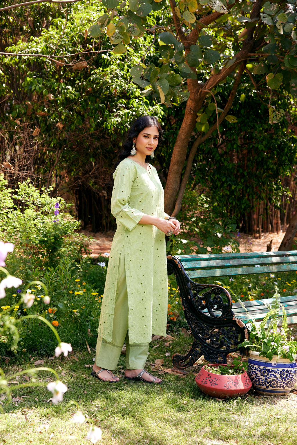 Noor Sage Green Shifli Kurta-Set of 3- IT