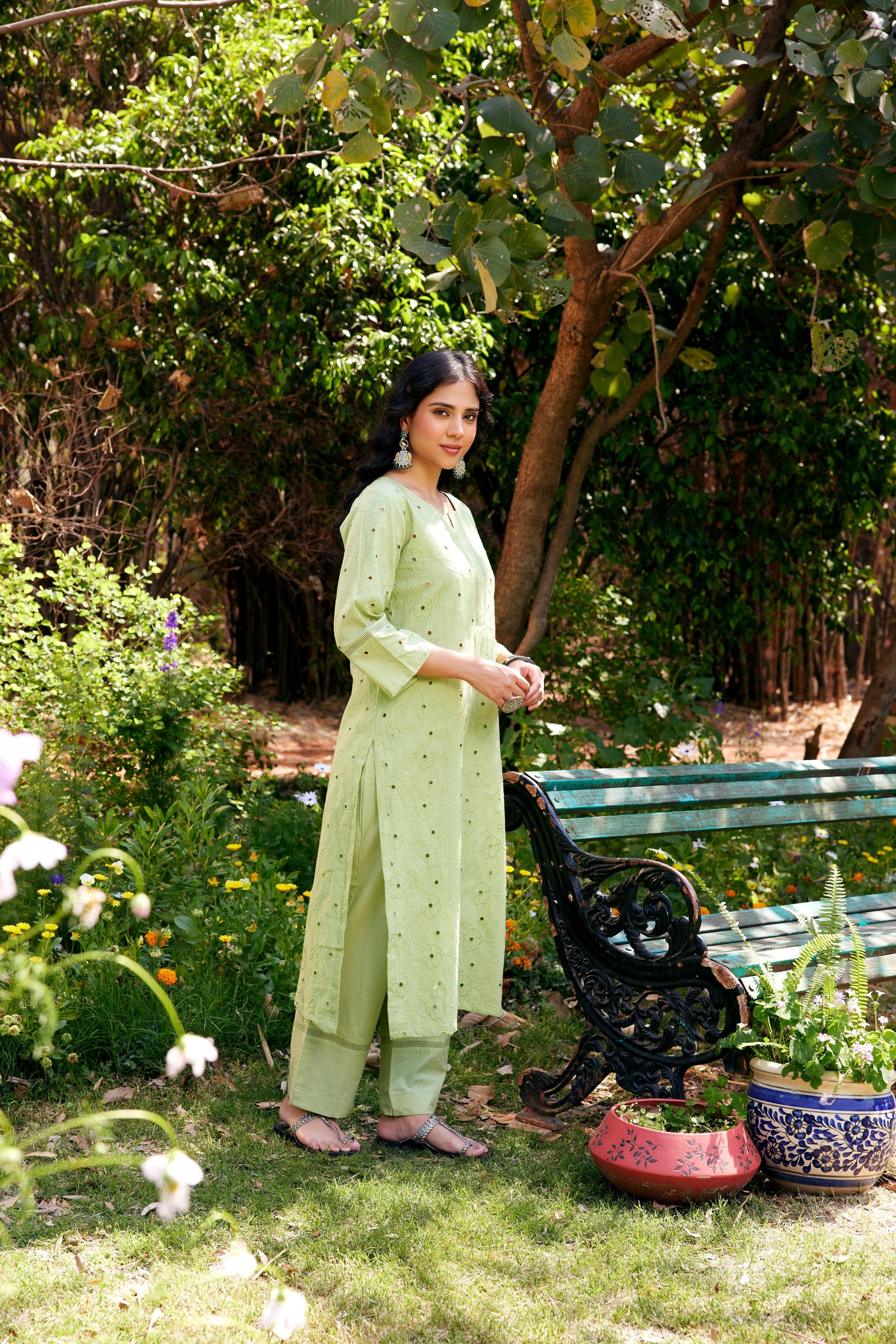 Noor Sage Green Shifli Kurta-Set of 3
