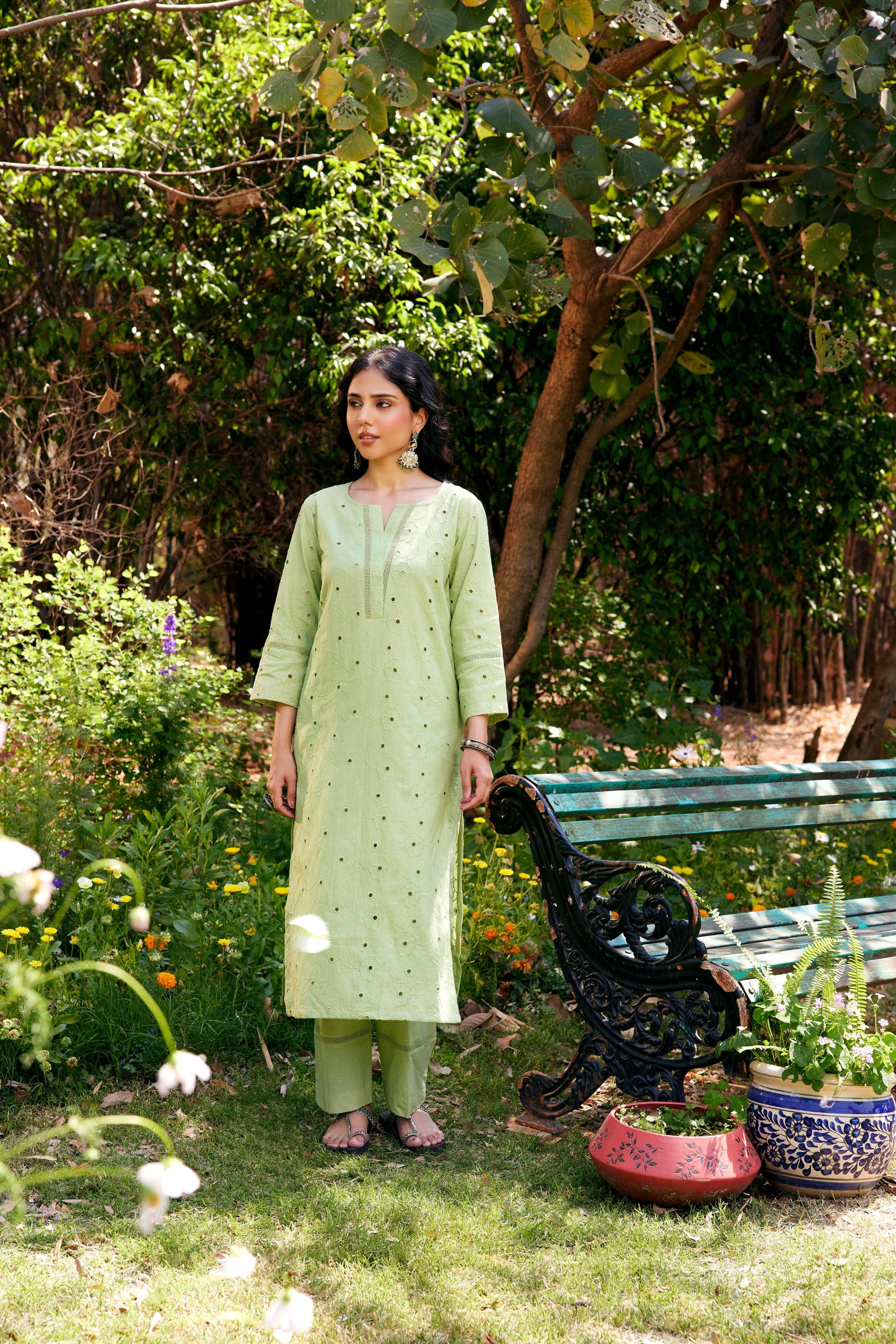 Noor Sage Green Shifli Kurta-Set of 3