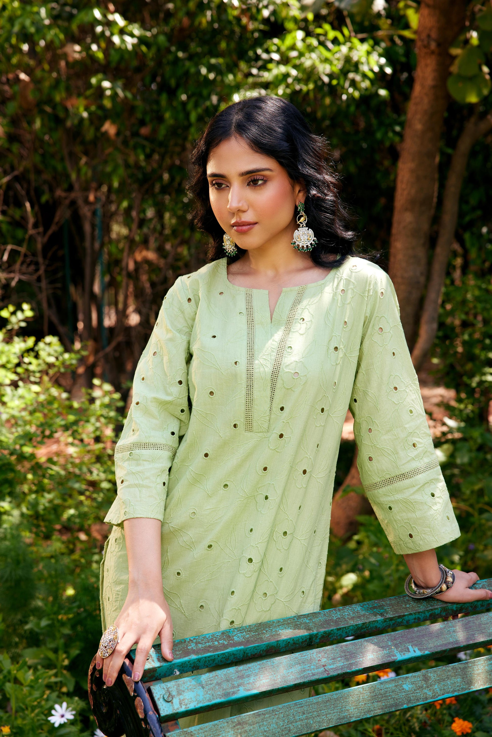 Noor Sage Green Shifli Kurta-Set of 3