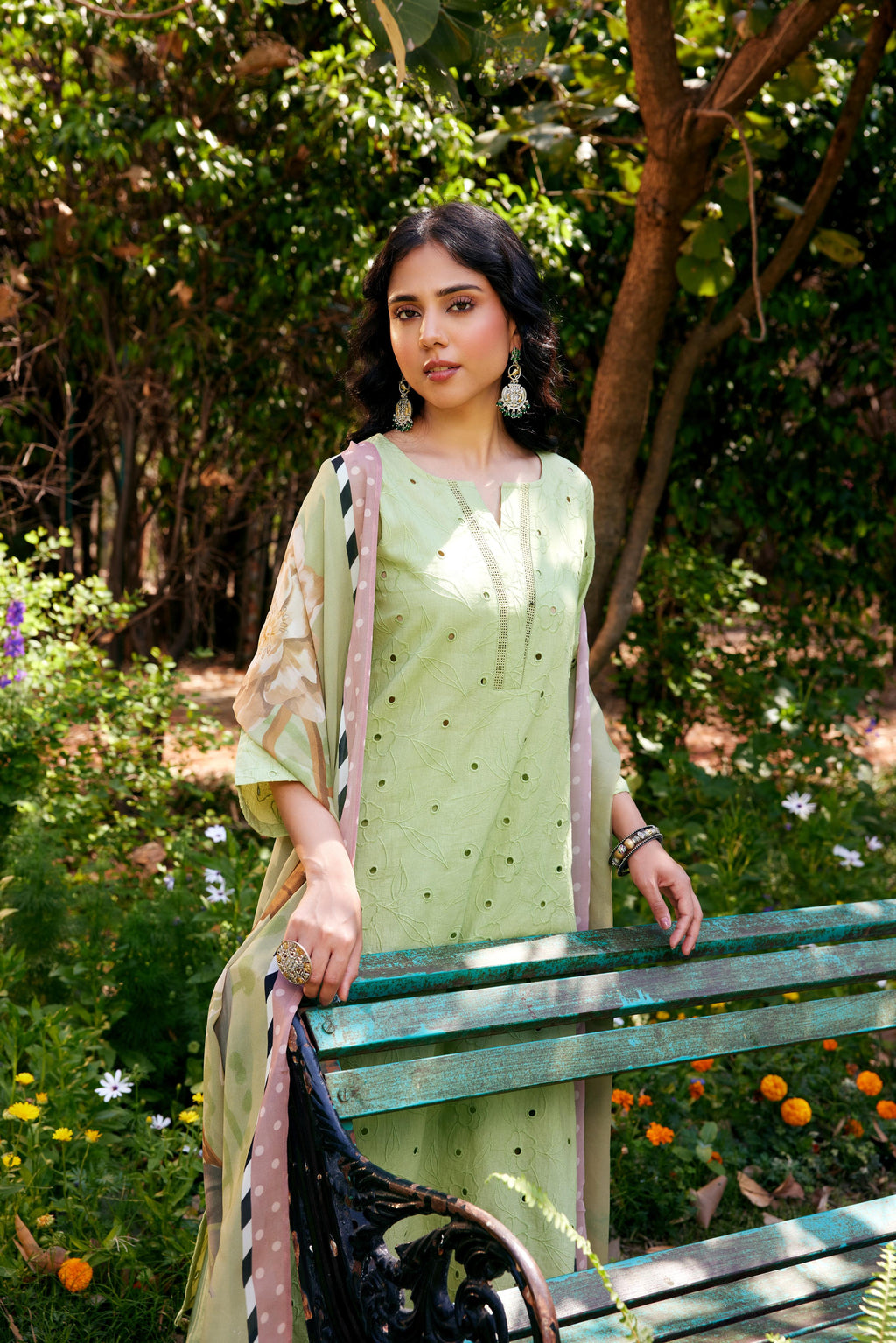 Noor Sage Green Shifli Kurta-Set of 3- IT