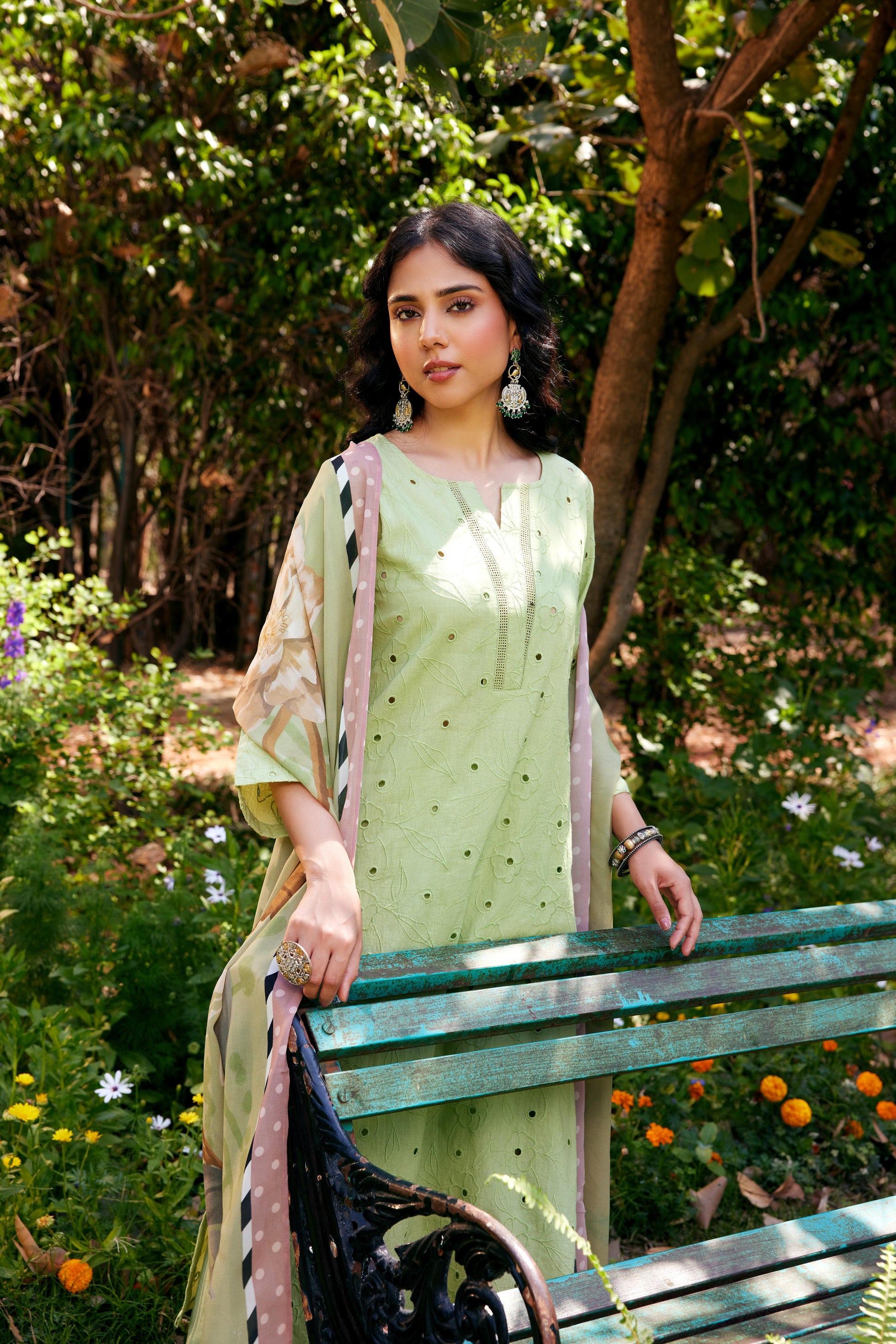 Noor Sage Green Shifli Kurta-Set of 3