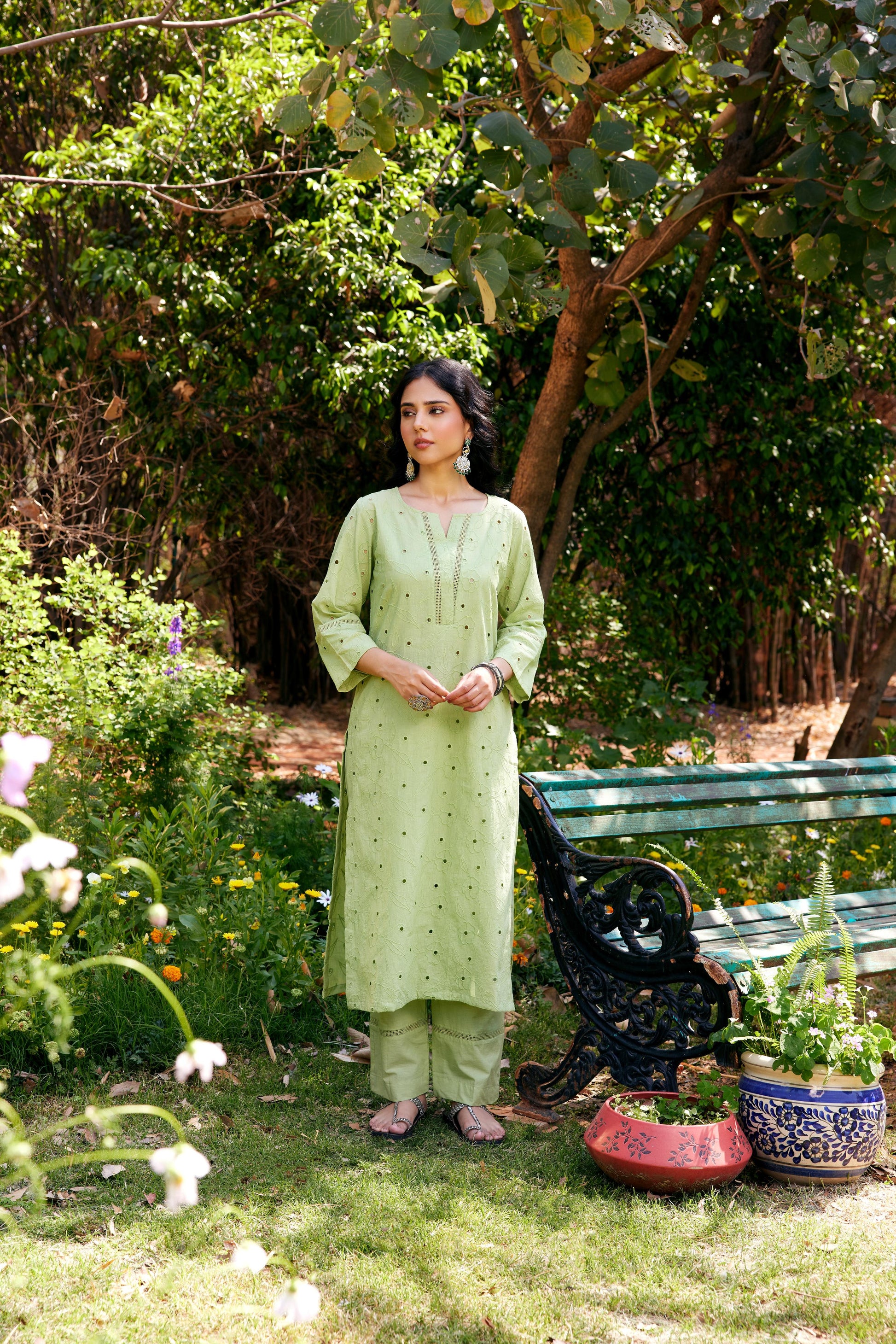 Noor Sage Green Shifli Kurta-Set of 3