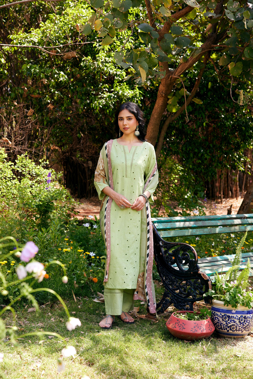 Noor Sage Green Shifli Kurta-Set of 3- IT