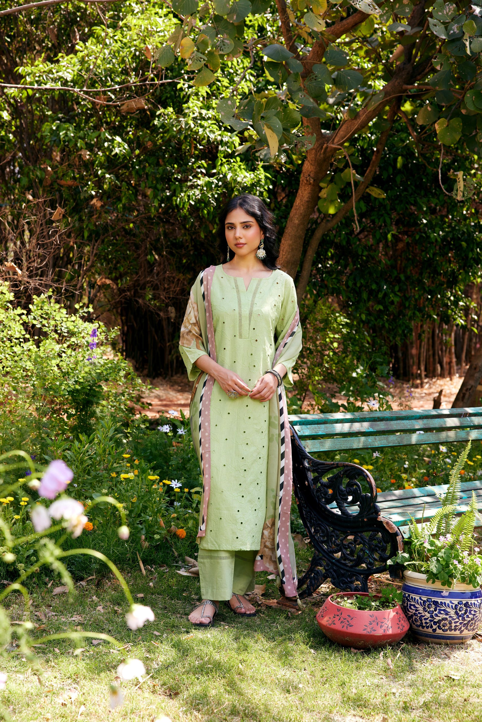 Noor Sage Green Shifli Kurta-Set of 3
