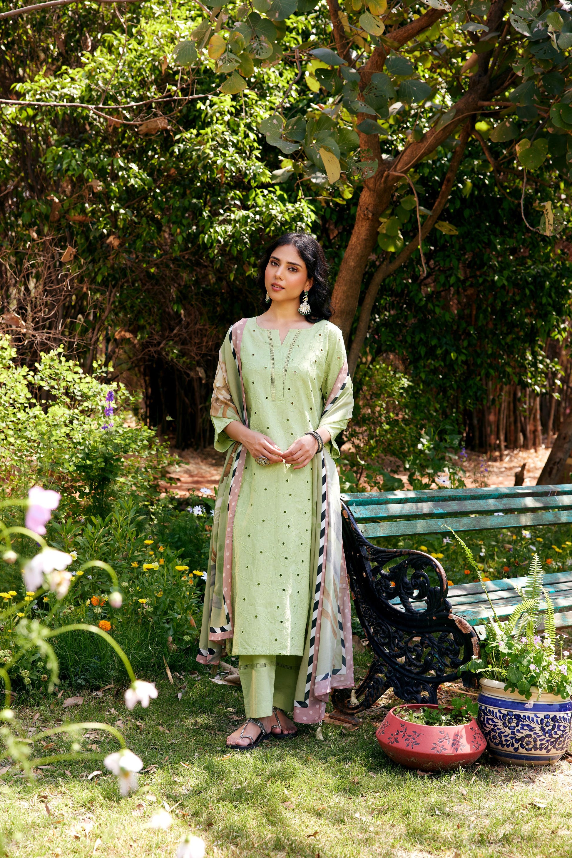 Noor Sage Green Shifli Kurta-Set of 3