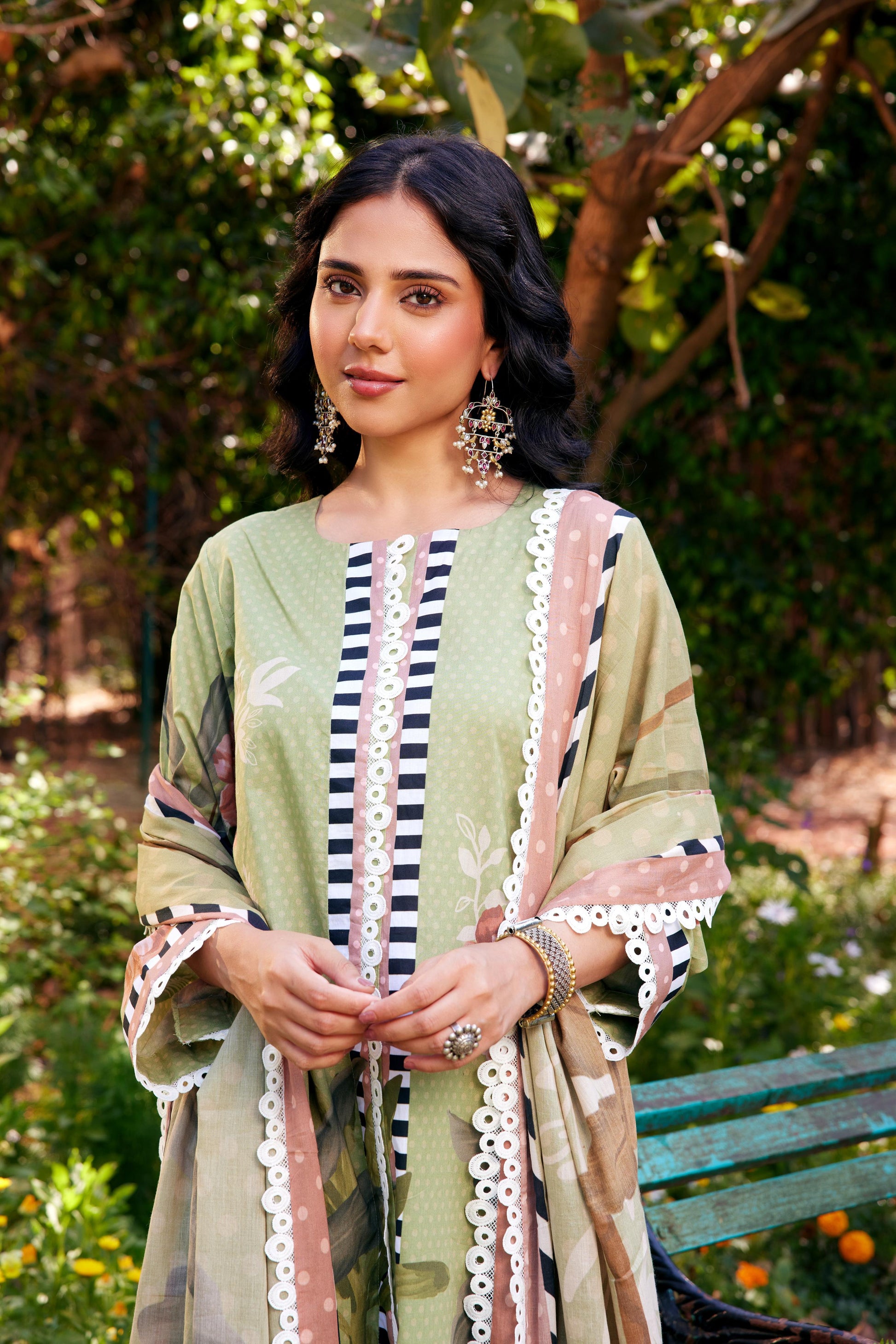 Gulzaar Sage Green Short Floral Kurta Set of 3