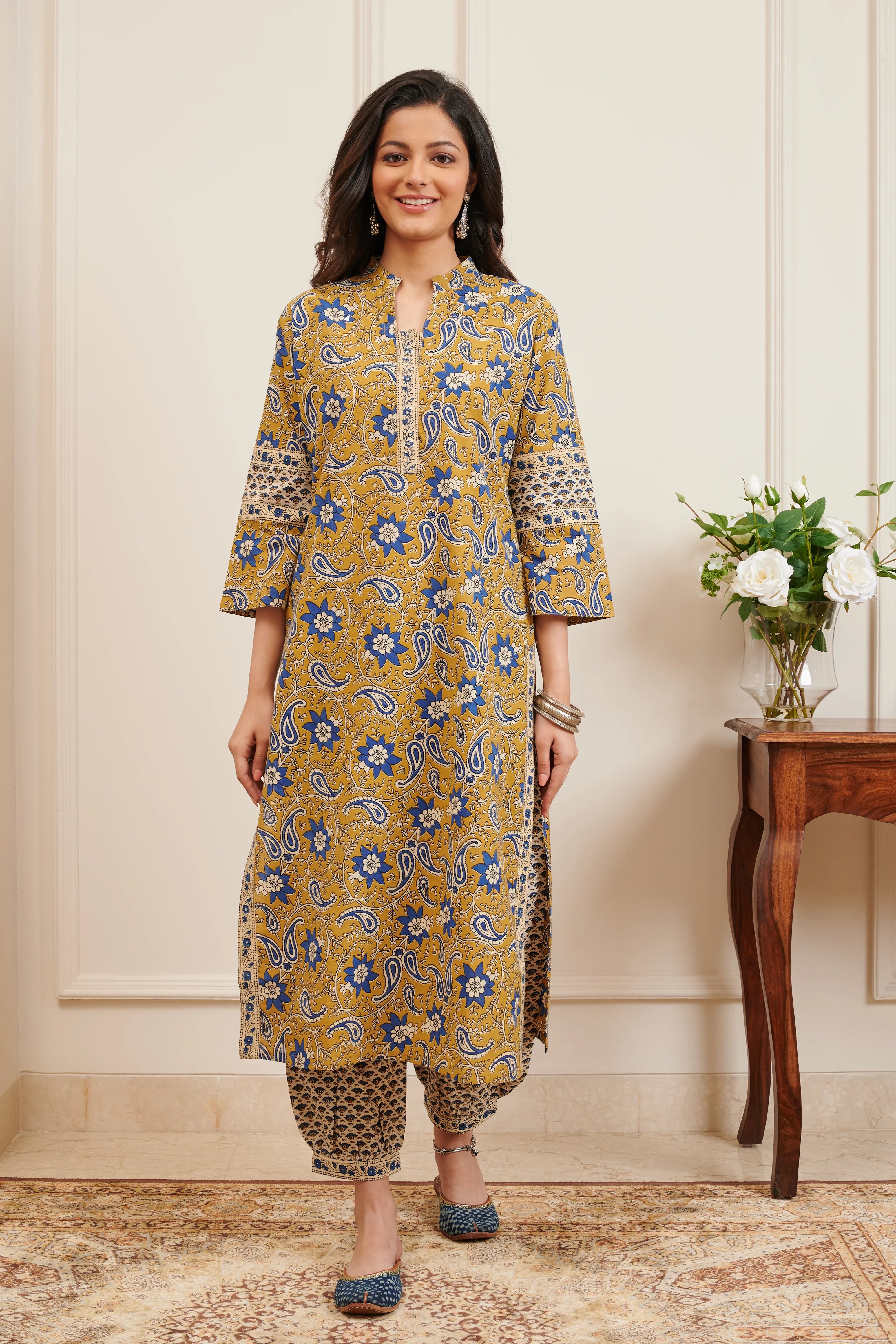 Mustard Yellow Hand Block Printed Bagru Kurta