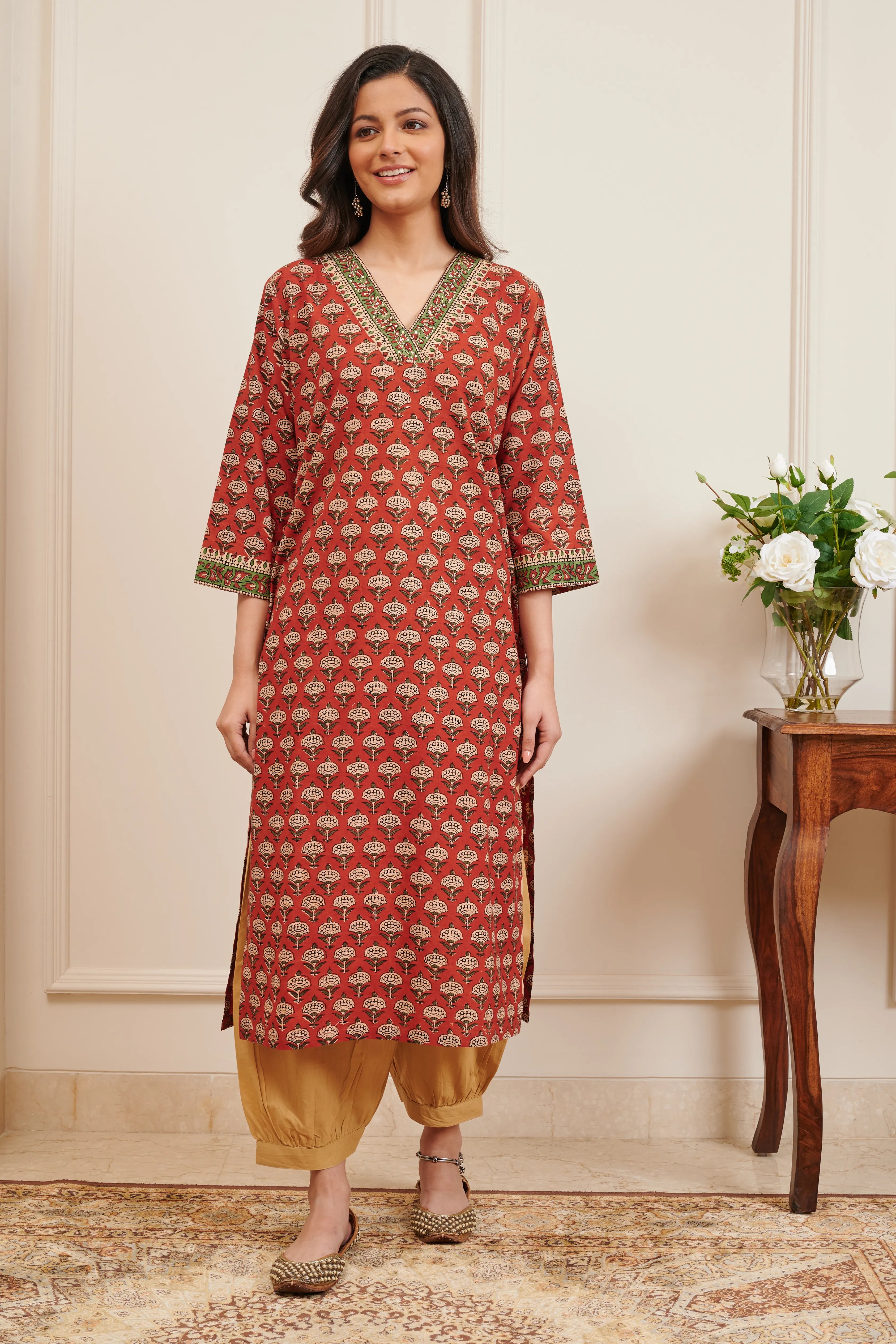 Maroon Hand Block Printed Bagru Kurta