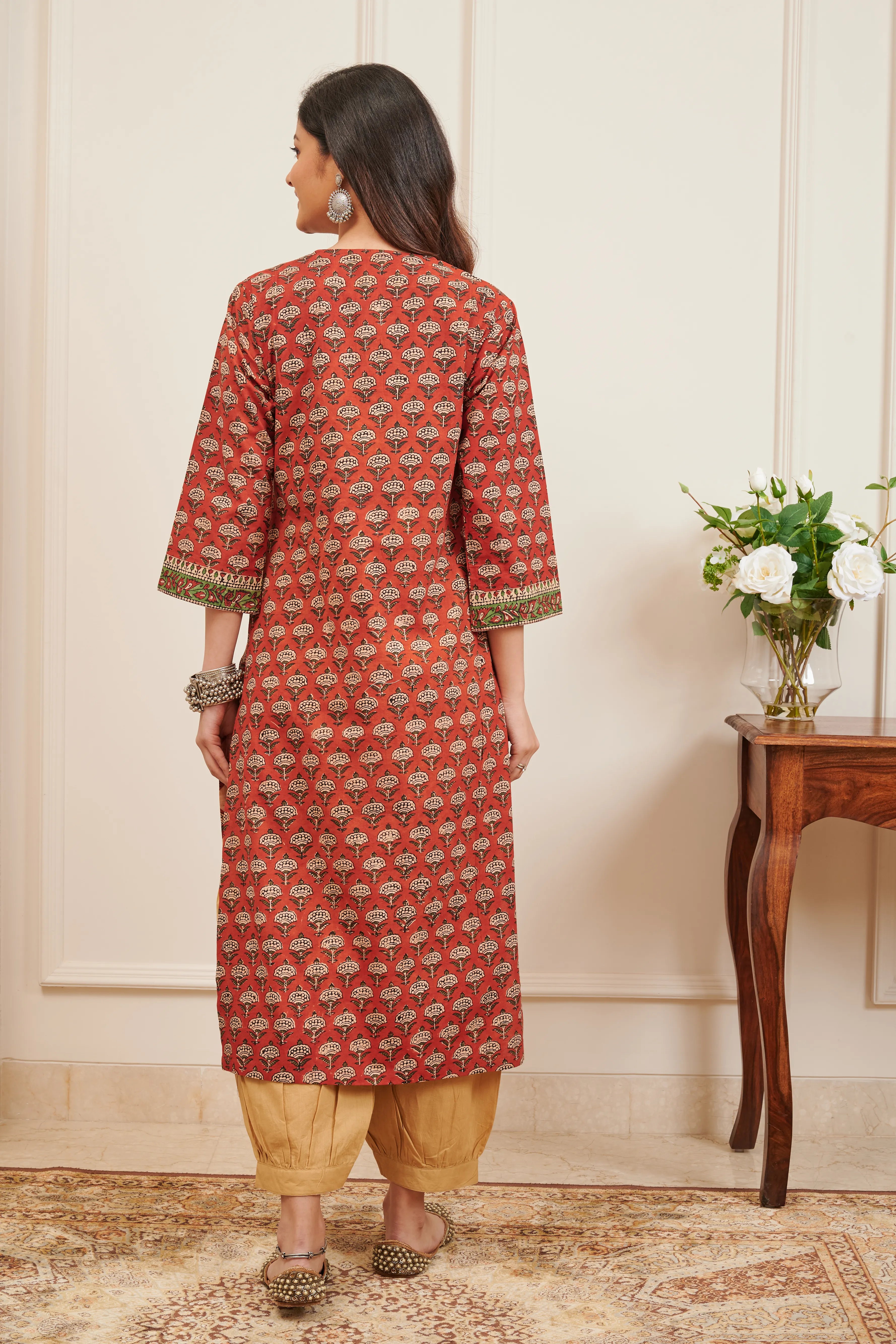 Maroon Hand Block Printed Bagru Kurta