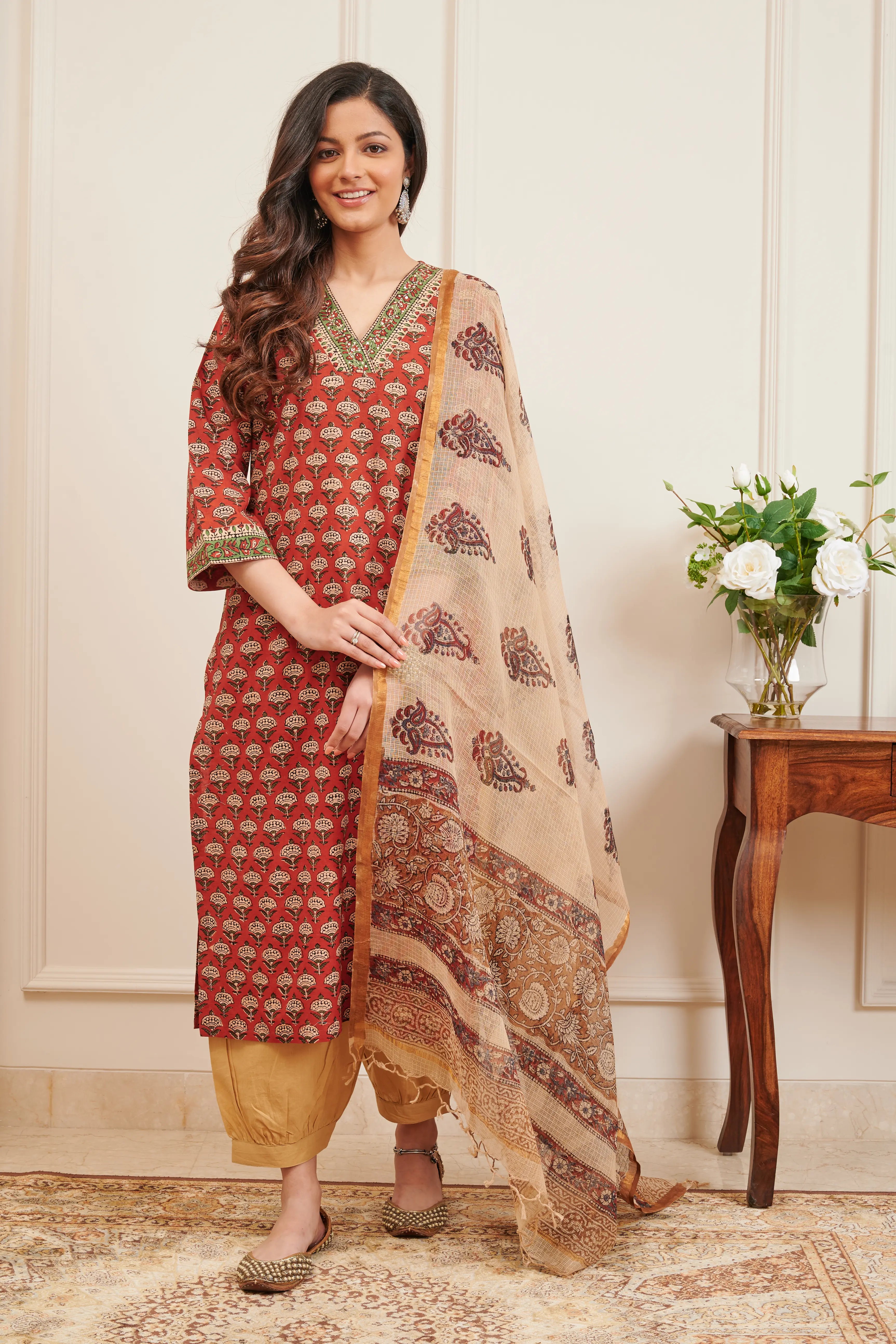 Cream/Maroon Hand Block Printed Kota Doria Dupatta