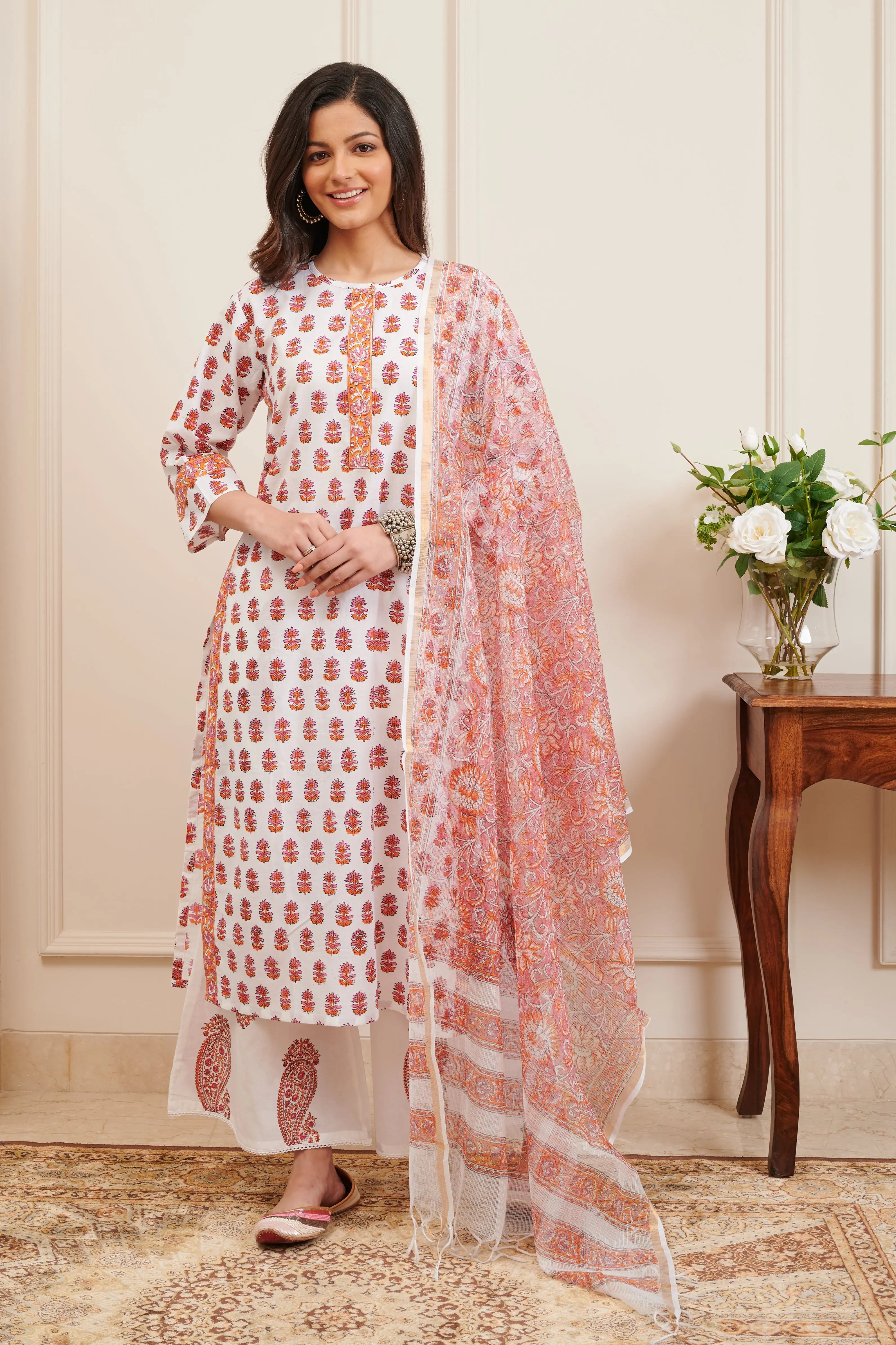 Orange / Pink Hand Block Printed Kota Dupatta