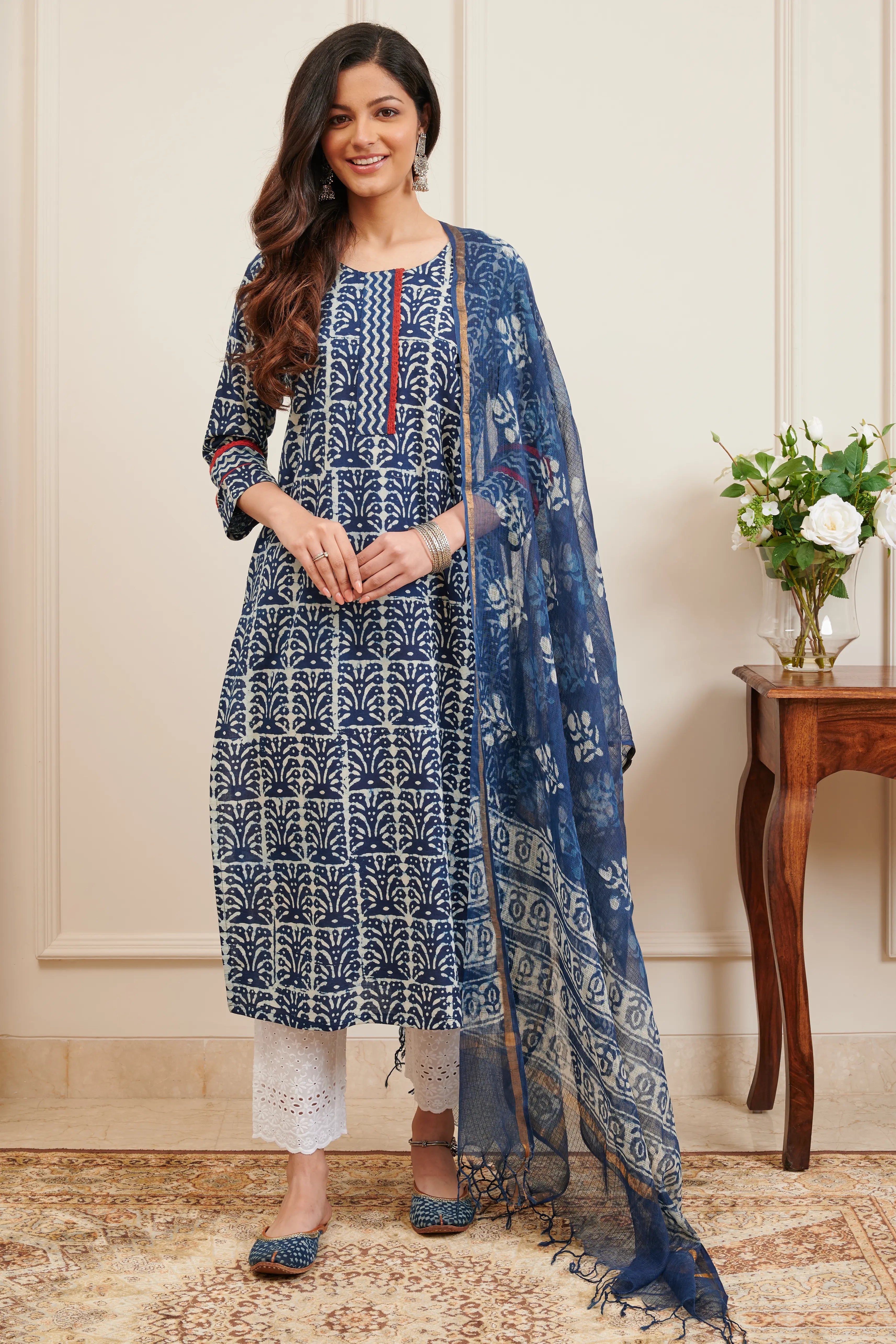 Indigo Blue Hand Block Printed Kota Doria Dupatta